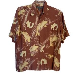 Tori Richard Honolulu Mens Medium 100% Silk Koi Fish Print Button Down Shirt Red